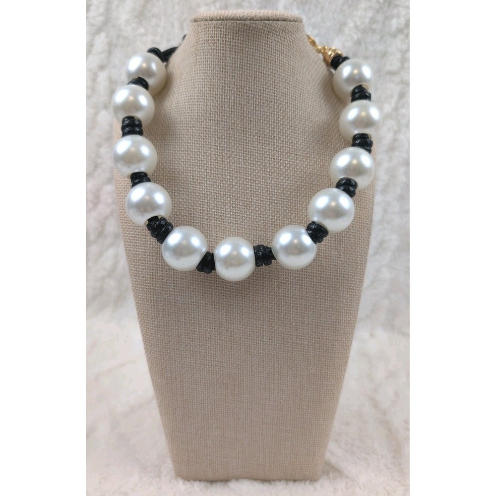Chunky White Faux Pearl Black Cord Statement Necklace Gold Tone Hook Clasp
